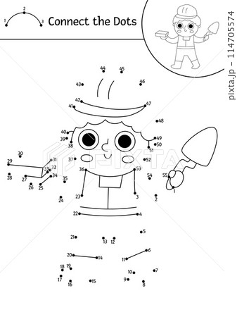 Vector construction site dot-to-dot and color activity with worker in hard hat holding brick and spatula. Building works line connect the dots game for children. Printable worksheet or coloring page 114705574