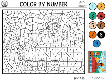 Vector construction site themed color by number activity with workers building brick wall. Black and white counting game with industrial landscape. Coloring page for kids with builders Vector construction site themed color by number activity with workers building brick wall. Black and white counting game with industrial landscape. Coloring page for kids with builders 114705587