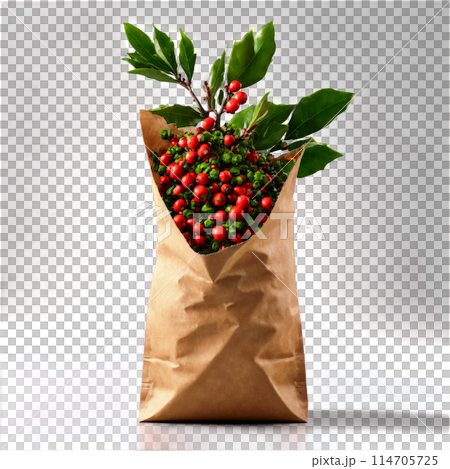 Compostable paper bag overflowing with energy boosting guarana and yaupon holly with stimulating herbs spilling Compostable paper bag overflowing with energy boosting guarana and yaupon holly with stimulating herbs spilling 114705725