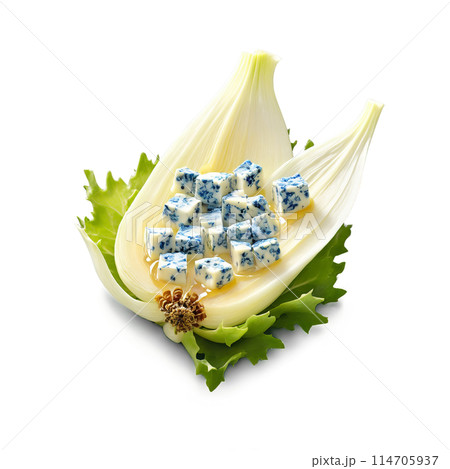 Roquefort cheese crumbled ivory with blue veins served on endive leaves with honey drizzle Culinary 114705937