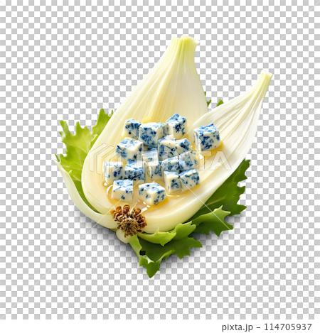 Roquefort cheese crumbled ivory with blue veins served on endive leaves with honey drizzle Culinary 114705937