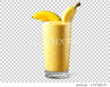 Mango Banana Smoothie A tropical mango banana smoothie in a modern glass adorned with mango 114706337