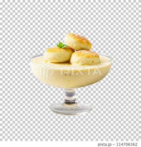 Rasmalai soft cheese patties in creamy sauce in a clear glass bowl 114706362
