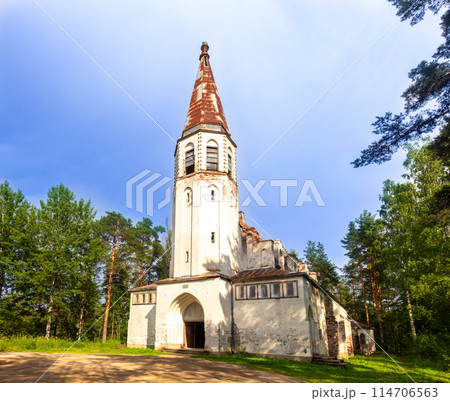 Beautiful view to Finnish Lutheran Church in Lumivaara village. Building in Neo-Gothic style in summer sunny day. Attractions of Lahdenpokh district. Designed architect Adolf Ilmari. Karelia Russia. Beautiful view to Finnish Lutheran Church in Lumivaara village. Building in Neo-Gothic style in summer sunny day. Attractions of Lahdenpokh district. Designed architect Adolf Ilmari. Karelia Russia. 114706563