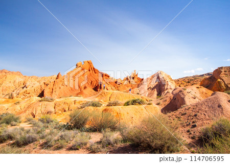 landscape of Skazka canyon on Issyk-Kul lake. Rocks Fairy Tale famous destination in Kyrgyzstan. Mountain like great wall of china and Rainbow Mountains of Danxia or Antelope crevice USA, Central Asia 114706595