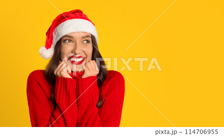 Cheerful woman wears Santa hat looks aside at empty space with dreamy smile against vibrant yellow backdrop, embodying joy of Xmas and New Year festive season, holiday sale promotions. Panorama Cheerful woman wears Santa hat looks aside at empty space with dreamy smile against vibrant yellow backdrop, embodying joy of Xmas and New Year festive season, holiday sale promotions. Panorama 114706955