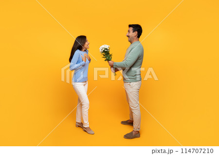 Old european man happily offers bouquet of flowers to surprised delighted woman, giving isolated on yellow background, studio. Romantic date, birthday, anniversary celebration Old european man happily offers bouquet of flowers to surprised delighted woman, giving isolated on yellow background, studio. Romantic date, birthday, anniversary celebration 114707210
