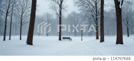 Snowy Park with Lantern and Bench 114707688