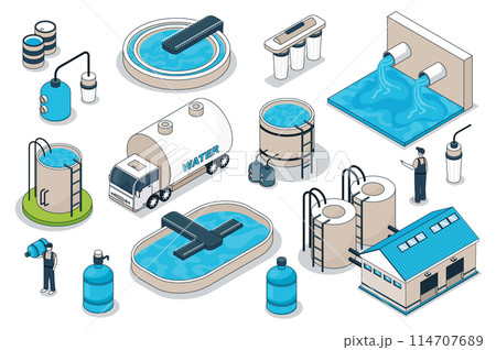 Water purification 3d isometric mega set. Collection flat isometry elements and people of wastewater cleaning plant, filtration pool, tank reservoir, pump station, transportation. Vector illustration. 114707689