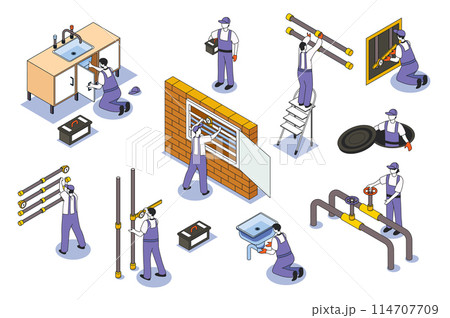Plumber 3d isometric mega set. Collection flat isometry elements and people of pipeline repair work, household pipe fixing, measuring tools installation, sewerage maintenance. Vector illustration. 114707709