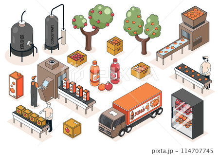 Juice production 3d isometric mega set. Collection flat isometry elements and people of garden harvesting process, plant conveyor lines, crushing and bottling factory machines. Vector illustration. 114707745