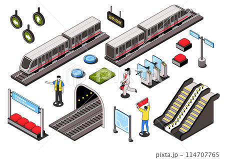City subway 3d isometric mega set. Collection flat isometry elements and people of underground metro station, trains on railway, direction signboard, route map, waiting seats. Vector illustration. 114707765