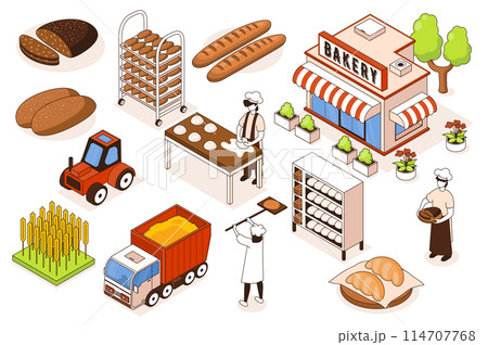 Bakery 3d isometric mega set. Collection flat isometry elements and people of bakehouse shop building, bakers making breads, pastry process, wheat truck, agricultural machinery. Vector illustration. Bakery 3d isometric mega set. Collection flat isometry elements and people of bakehouse shop building, bakers making breads, pastry process, wheat truck, agricultural machinery. Vector illustration. 114707768