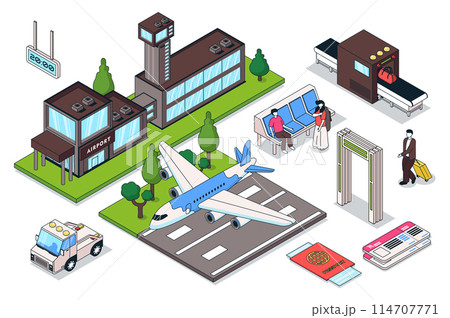 Air travel 3d isometric mega set. Collection flat isometry elements and people of airport building, passport or ticket control, waiting hall, passenger luggage, transfer to plane. Vector illustration. 114707771