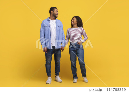 African American couple standing next to each other, facing forward. Both individuals appear to be looking straight ahead, with a neutral expression 114708259