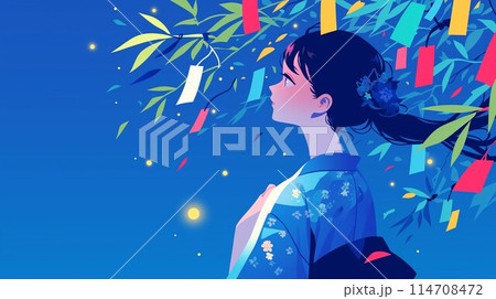 七夕の笹飾りと織姫と彦星のイラスト 114708472