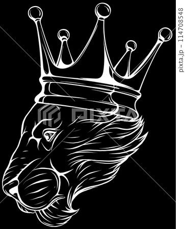 Lion head in white line on black background Lion head in white line on black background 114708548