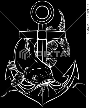 graphic catfish in white line on black background graphic catfish in white line on black background 114709154