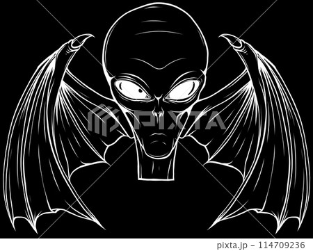 Illustration of alien head in white line on black background Illustration of alien head in white line on black background 114709236