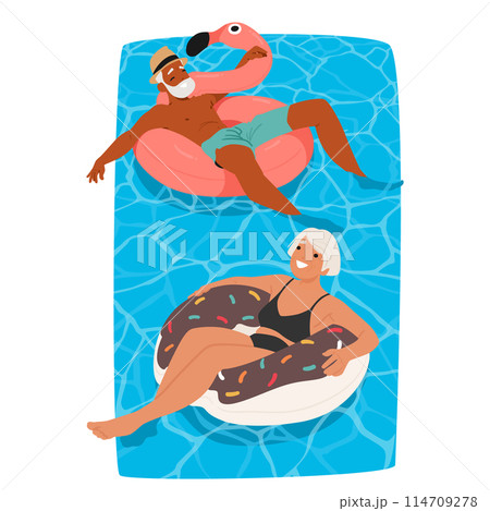 Joyful Senior Couple Relaxing In A Pool On Inflatable Donut And Flamingo Floats. Old Male and Female Characters Leisure 114709278