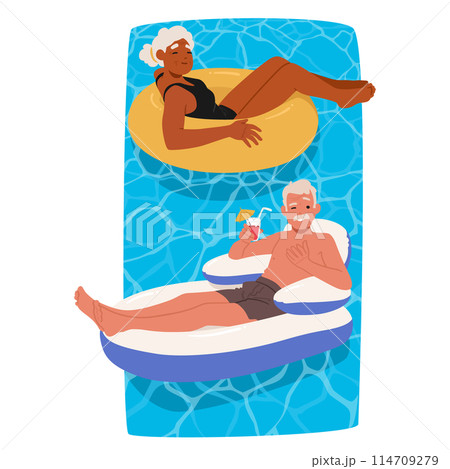 Senior Couple Enjoys A Tranquil Summer Day. Male and Female Characters Lounging On Inflatable Rings In Swimming Pool 114709279