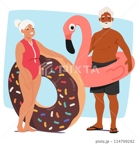 Cheerful Senior Couple Stands Ready For Pool Party, Woman Holding A Chocolate Donut Inflatable Ring And Man Flamingo One 114709282