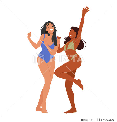 Two Young Women Enjoying Beach Party, Dancing Together In Swimwear. Their Joyful Expressions Capture Essence Of Summer Two Young Women Enjoying Beach Party, Dancing Together In Swimwear. Their Joyful Expressions Capture Essence Of Summer 114709309