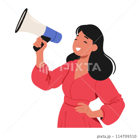 Joyful Woman Dressed In A Red Top, Using A Megaphone To Speak Or Announce. Female Character Captures Sense Of Leadership 114709310