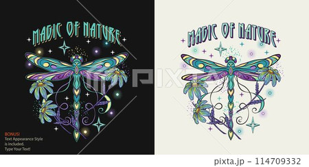 Mysterious label with fantasy colored dragonfly, chamomile flower, text Magic of nature. Vintage style. Editable text graphic style is included. For clothing, apparel, T-shirts, surface decoration. Mysterious label with fantasy colored dragonfly, chamomile flower, text Magic of nature. Vintage style. Editable text graphic style is included. For clothing, apparel, T-shirts, surface decoration. 114709332