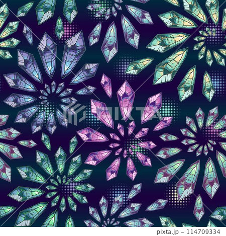 Pattern with colorful crystal gems on dark background. Magical, glowing minerals inside. Fractal, spiral ornament. Fantasy, mystical concept. Cool color palette. Vintage style Pattern with colorful crystal gems on dark background. Magical, glowing minerals inside. Fractal, spiral ornament. Fantasy, mystical concept. Cool color palette. Vintage style 114709334