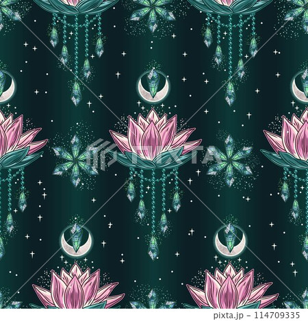Seamless mysterious pattern with lotus flower, magic glowing crystals, crescent moon, scattered stars, sparkles. Mystical insight concept for meditation, clear consciousness. Vintage style. Seamless mysterious pattern with lotus flower, magic glowing crystals, crescent moon, scattered stars, sparkles. Mystical insight concept for meditation, clear consciousness. Vintage style. 114709335