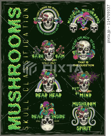 Poster with human skulls, mushrooms. Crazy mad skull with single eye and growing through skull mushrooms Surreal illustration for groovy, hippie, mystical, psychedelic design Poster with human skulls, mushrooms. Crazy mad skull with single eye and growing through skull mushrooms Surreal illustration for groovy, hippie, mystical, psychedelic design 114709337