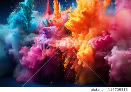 A bottle emits colorful smoke in various colors, creating an artistic event 114709518