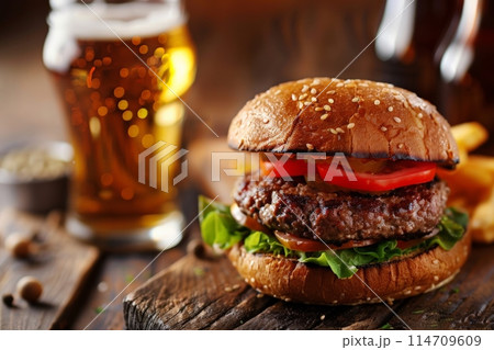 Hamburger and beer on table classic staple food pairing 114709609