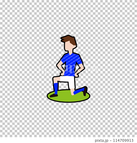試合前の記念撮影で前列にいる、またはフリーキックでしゃがんでいるサッカー選手_サッカー日本代表フィー 114709913