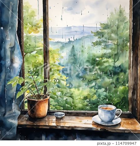 雨の降る窓辺の風景 114709947