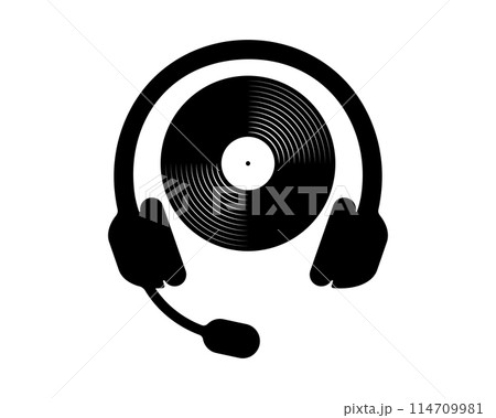 Vinyl record plate with headphones icon. Turntable LP disc and earphones isolated on white background. DJ equipment for techno night club party. Listen to music concept. Vector graphic illustration Vinyl record plate with headphones icon. Turntable LP disc and earphones isolated on white background. DJ equipment for techno night club party. Listen to music concept. Vector graphic illustration 114709981