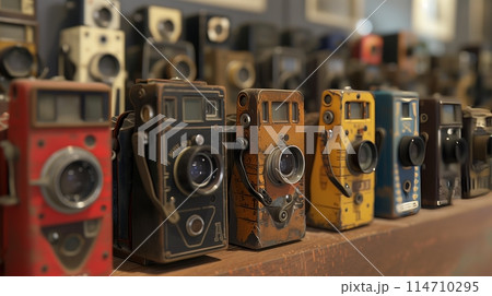 Classic camera lineup showcasing photography's rich evolution. Classic camera lineup showcasing photography's rich evolution. 114710295