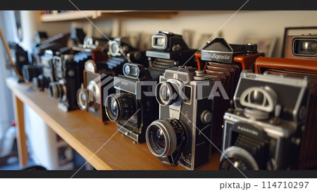 Collection of vintage cameras showcasing photographic history. 114710297