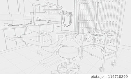 Concept outline sketch drawing of empty dentist clinic office interior with dental unit - comfortable chair and modern equipment. Dentistry surgery room - black and white line art 3D illustration. Concept outline sketch drawing of empty dentist clinic office interior with dental unit - comfortable chair and modern equipment. Dentistry surgery room - black and white line art 3D illustration. 114710299
