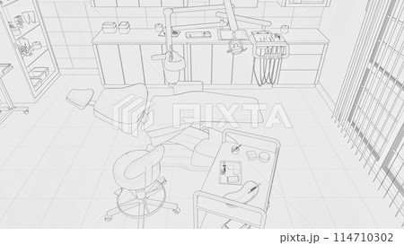 Black and white hand drawn sketch of empty interior dentist clinic with dental unit - comfortable chair and medical tools, dentistry surgery with modern equipment. Concept drawing 3D illustration. 114710302