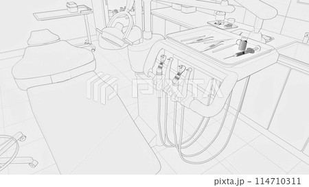 Black and white hand drawn sketch - close up of dental equipment and medical tools in empty dentist clinic interior. Modern dentistry operating surgery room. Concept line art drawing 3D illustration. Black and white hand drawn sketch - close up of dental equipment and medical tools in empty dentist clinic interior. Modern dentistry operating surgery room. Concept line art drawing 3D illustration. 114710311