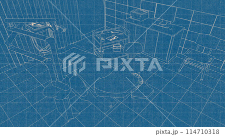 Concept line art blueprint sketch of medical clinic interior with empty dentist workplace - dental unit, chair and tools, dentistry surgery room with modern equipment. Blue and white 3D illustration. Concept line art blueprint sketch of medical clinic interior with empty dentist workplace - dental unit, chair and tools, dentistry surgery room with modern equipment. Blue and white 3D illustration. 114710318