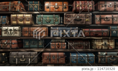 Neatly stacked suitcases in a row. 114710320