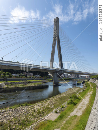 川西市と池田市の間を流れる猪名川の新猪名川大橋 114710371