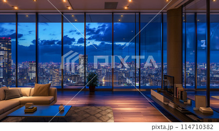 夜景の街並み、暖かい室内照明、東京のスカイライン、豪華で落ち着いた雰囲気。 夜景の街並み、暖かい室内照明、東京のスカイライン、豪華で落ち着いた雰囲気。 114710382