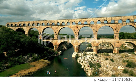 Aerial shot of famous Pont du Gard, the Roman aqueduct bridge of Nimes, France 114710630