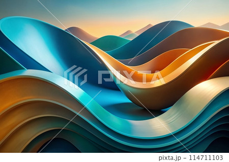 Abstract, modern background with glossy, flowing forms, cool to warm color palette, generative ai 114711103