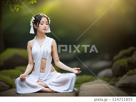 自然の中で瞑想をする女性 114711855
