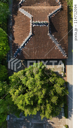Aerial view of Mekong Delta, Ben Tre tourist with large ancient tree, Apricot or Bach Mai flower, a heritage tree and old house at Phu Tu temple, a travel destination for Vietnam 114712094